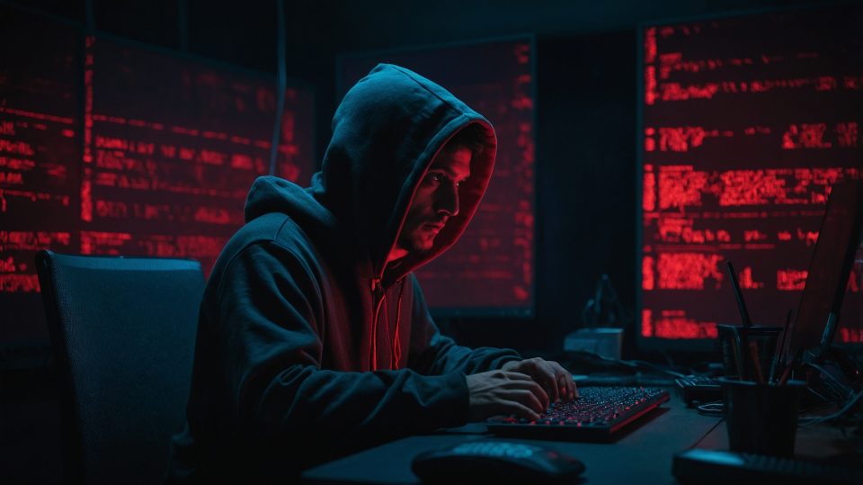 A hacker in a hoodie sits in a dark room lit only by the glow of multiple screens. AI-generated phishing emails, deepfake video clips, and adaptive malware code are displayed. The lighting is moody with red highlights. The atmosphere is eerie and high-stakes, showing how AI is now part of the attack.