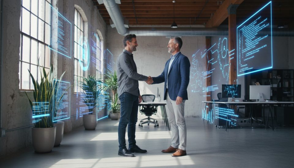 gemini 2.5 flash image Two charismatic tech leaders in their late 40s stand face to face in a warm mode 2